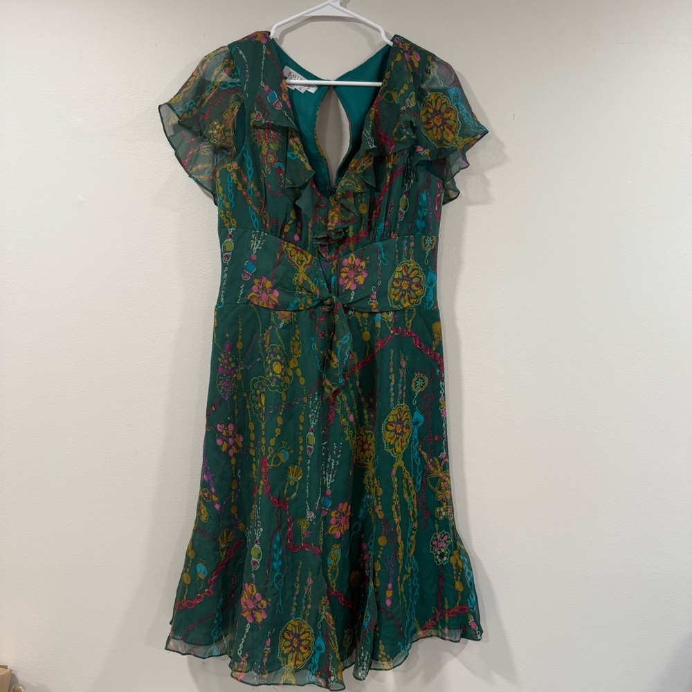 Kay Unger Blue and Green Ruffled Tiered Midi Dress 100% Silk Size 10 EUC